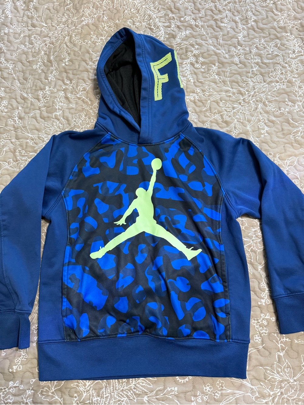 Blue Nike Kids Basketball Hoodie with Neon Green Air Jordan Logo